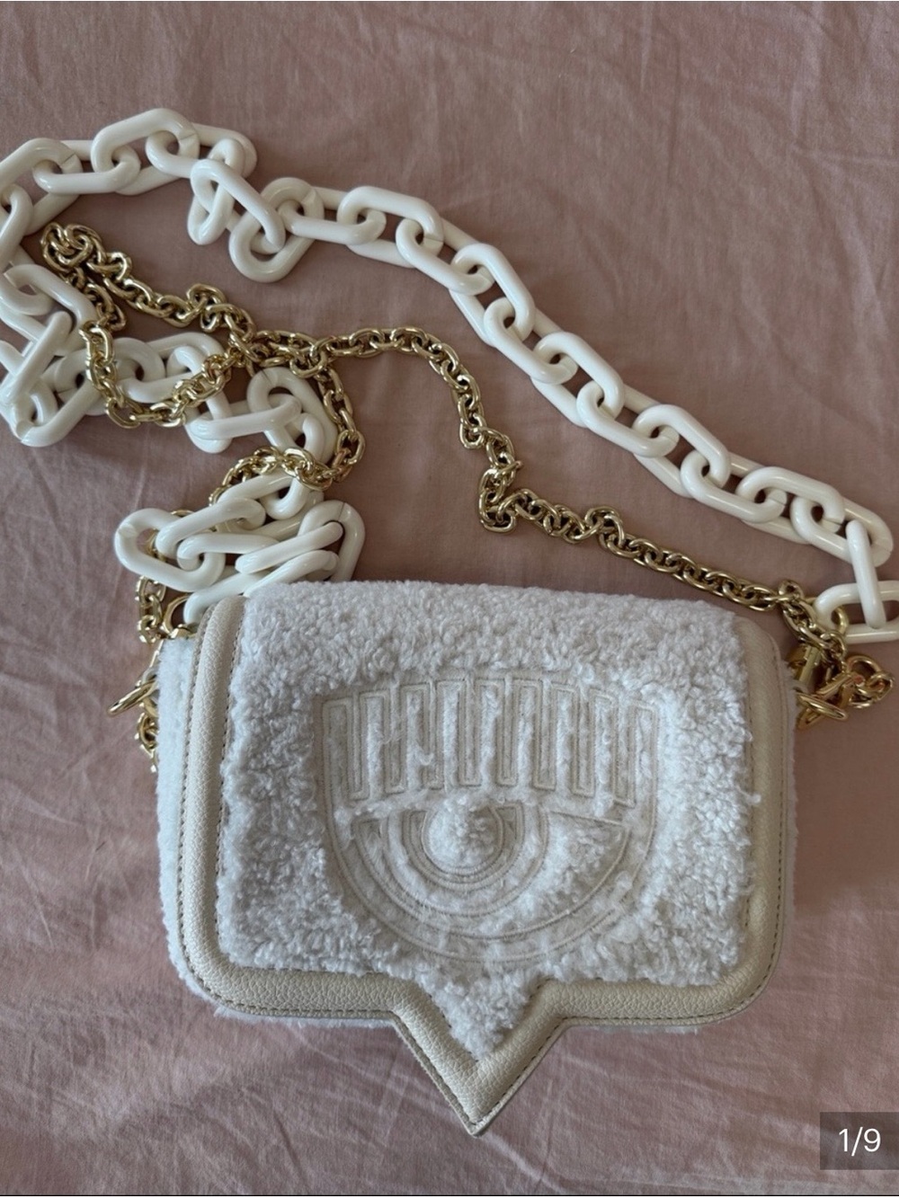 Chiara Ferragni Cream Sherpa Crossbody Bag with Gold Chain Strap
